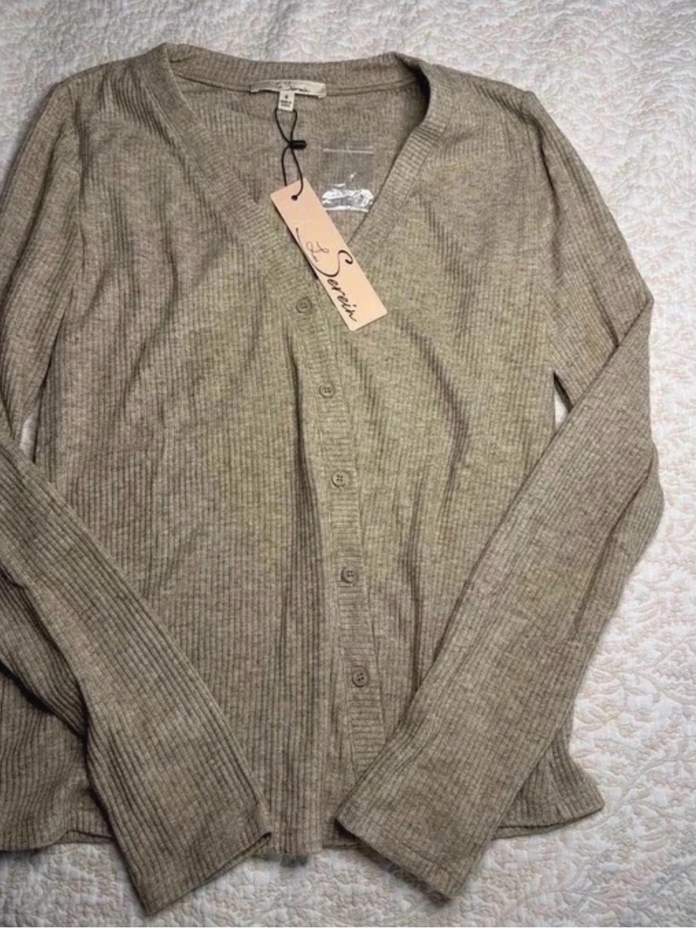 Women's Ribbed V-Neck Button Cardigan Sweater - Beige